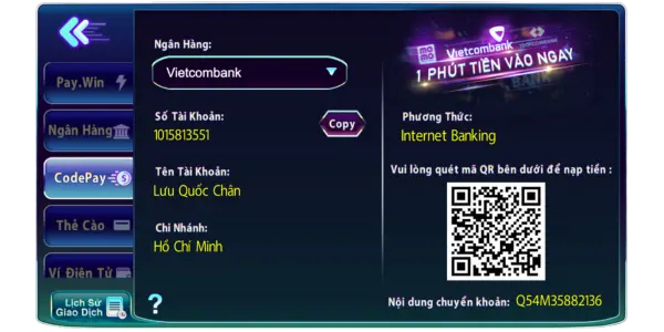 Cách nạp tiền 789club đơn giản, nhanh chóng 5 nạp codepay là hình thức nạp nhanh qua Qrcpde